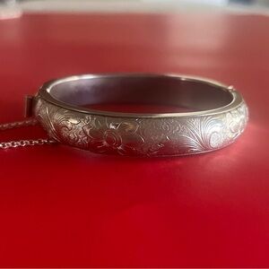 Silver Floral Bangle Bracelet with safety chain